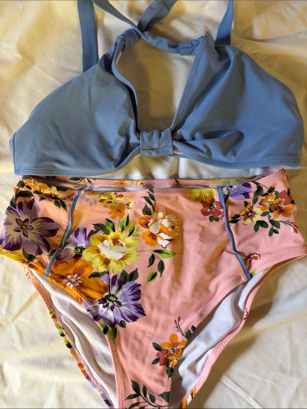 Cupshe Blue Halter Top with Pink Floral High-Waist Bottoms